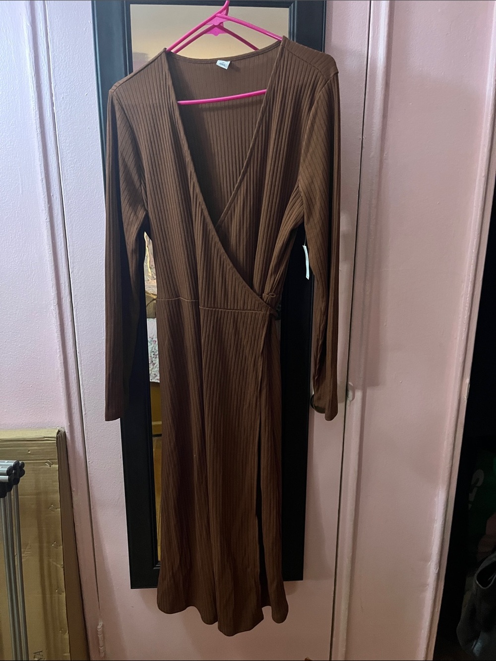 Old Navy Brown Ribbed Wrap-Style Long Sleeve Dress